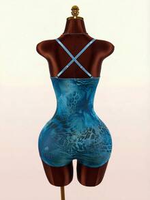Amplova Women's Sexy Lace Patchwork Leopard Print Fitted Romper, Summer - Blue - View 2