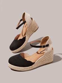 Styleloop Retro Simple Wind Wavy Edge Wedge Heel Shoes; Black Buckle With Closed Toe Versatile Commuter Sandals - Black - View 6