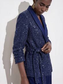 Aveloria Modichic Blazer Kain Tweed Berpayet dengan Desain Ikat Pinggang dan Celana Panjang Lebar Warna Polos, Gaya Vintage Prancis Elegan, Serbaguna untuk Pesta dan Perjalanan Sehari-hari - Navy Blue - View 2