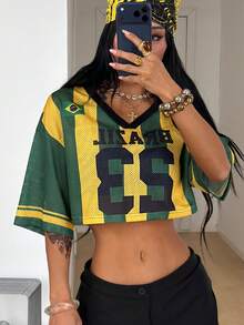 Coolane 女士街头风酷炫复古运动足球球衣字母印花 Y2K 酷炫短款百搭T恤 - 彩色 - 查看 3