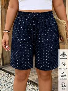 Comfylo Casual Simple Dark Blue Polka Dot Print Pattern Plus Size Pants Suitable For Summer - Multicolor - View 6