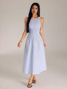 SHEIN PETITE Spring/Summer Blue And White Striped Sleeveless A-Line Long Dress – Fresh Casual Coastal Tropical Style, Elegant Women's Picnic Brunch Vacation Resort - Aqua Blue - View 6