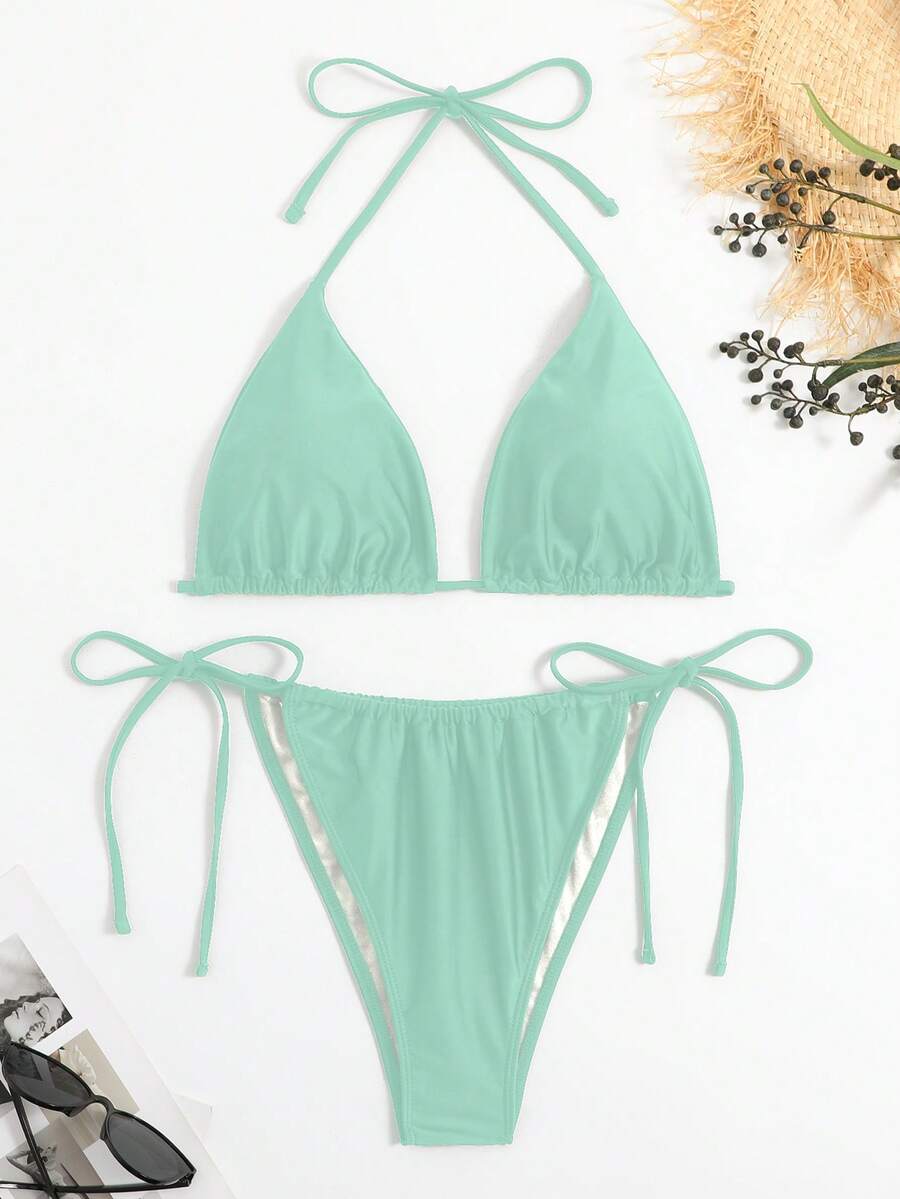 Swim Mod Conjunto de traje de baño bikini de dos piezas sexy con cuello halter anudado y fruncido de unicolor para mujer de talla grande - verde menta - Ver 1