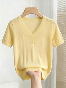 valorelle valorelle Women's Vintage V-Neck Diamond Hollow Patchwork Short Sleeve Ribbed Knit Top - Yellow - View 5