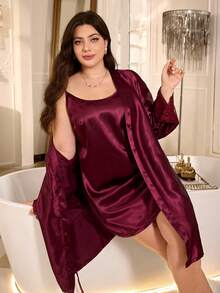 MuseNap CURVE Plus Size Burgundy Lace Patchwork Faux Silk Pajama Set: Exquisite Camisole Nightgown + Long Sleeve Robe - Purple - View 6