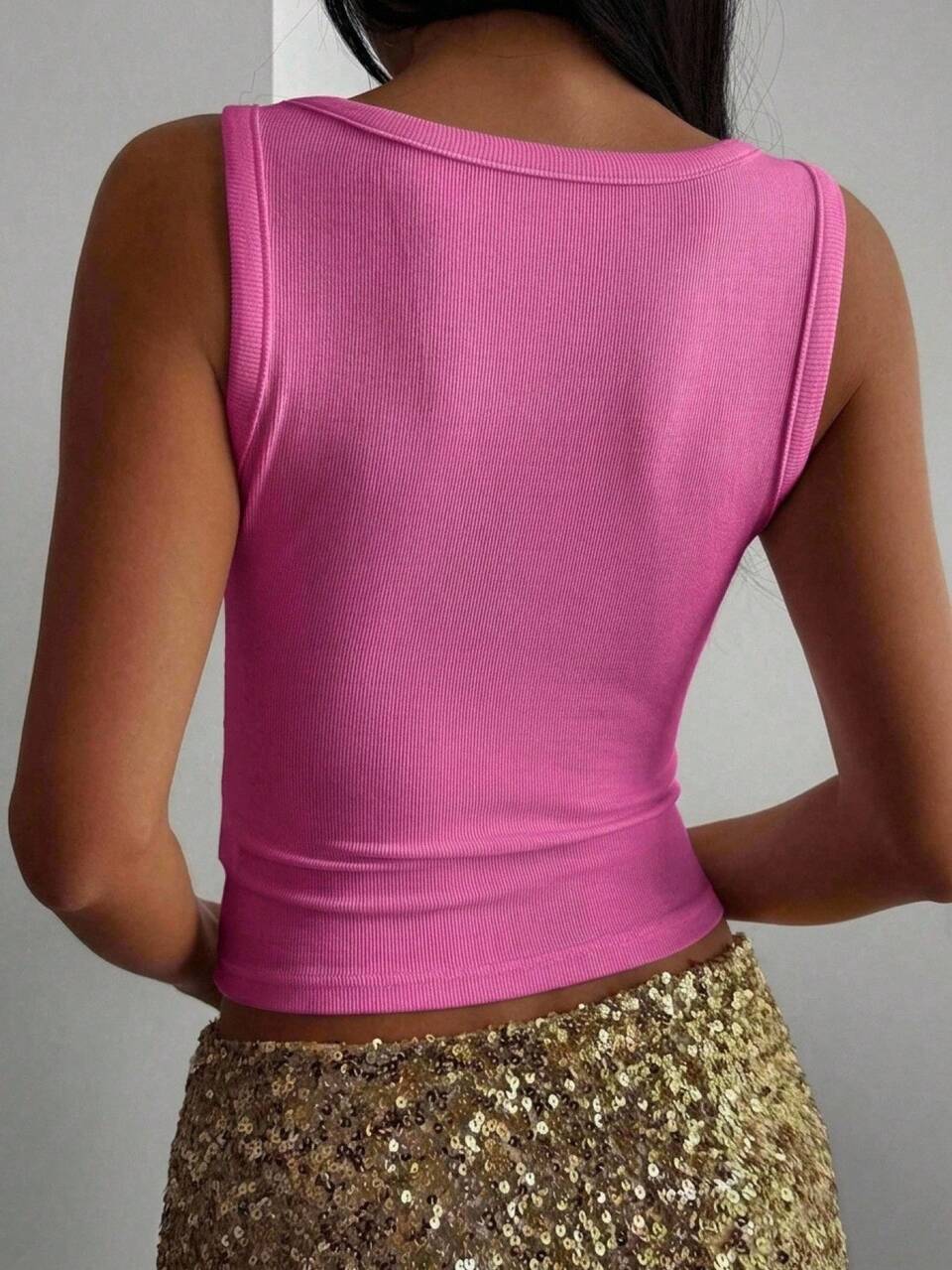 Square Neck Wide Strap Fitted Hot Pink Ribbed Knit Rhinestone Decor Cropped Tank Top For Women Summer Party Club Y2k Sexy