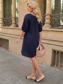 Dripcurv Plus Size Women's Solid Color Single-Breasted Raglan Sleeve Casual Dress Fall - Blue - View 3