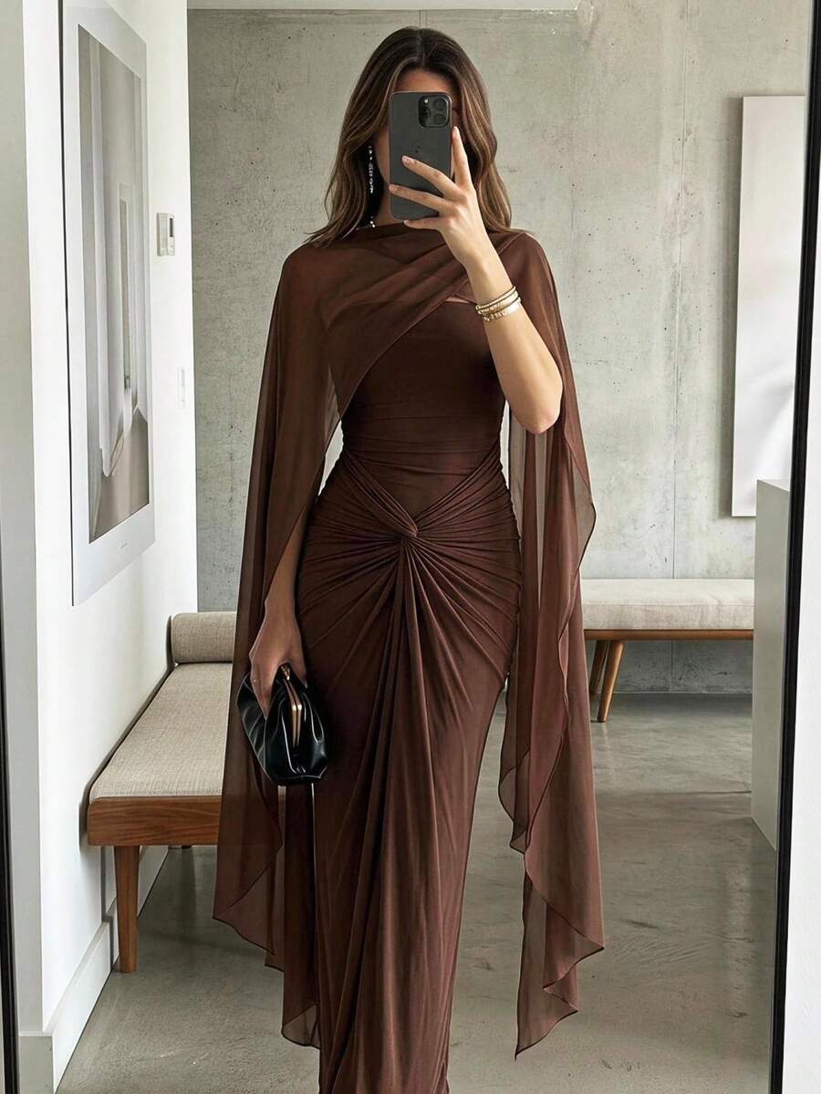 Lumalex 女款素色扭轉設計抹胸優雅洋裝附披肩
