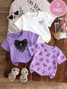 Set de 3 camisetas de niña con estampado de dibujo animado de capibara, de cuello redondo y manga corta para el verano - Púrpura malva - Ver 1