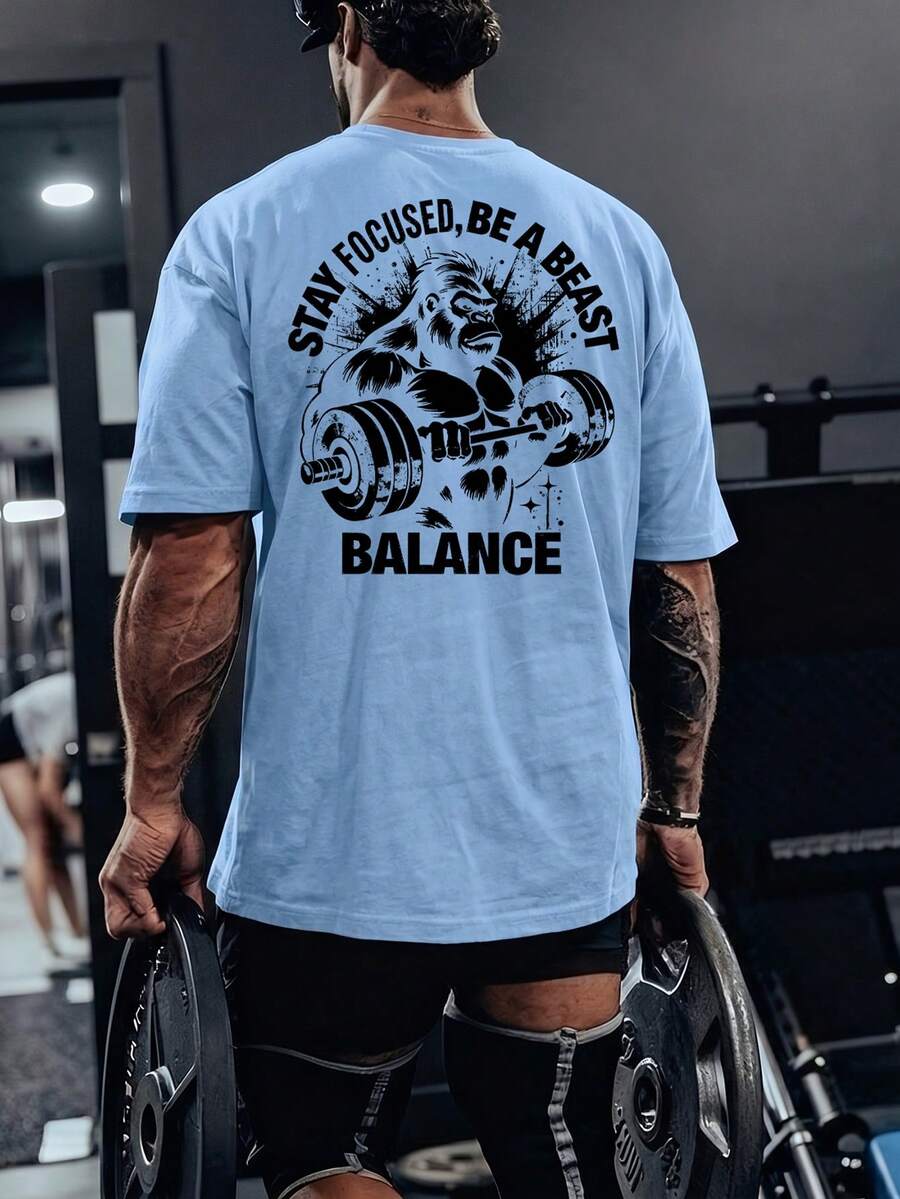 GymBeat 男士標語大猩猩印花短袖運動T恤 - 淺藍色 - 查看 1