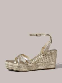 Styleloop Sandal Platform Hak Wedges Wanita, Sandal Kasual Pantai Ujung Persegi Kecil dengan Tali Rami Modis di Bagian Bawah, Cocok untuk Liburan Musim Panas - Emas - View 3