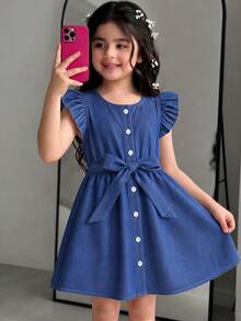 SHEIN Elladie kids 年輕女孩荷葉邊袖口腰帶洋裝 - 深色水洗藍 - 查看 2