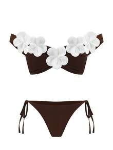 SHEIN Swim 春夏新款女款白色兩件式比基尼套裝，無肩帶性感海灘度假泳衣，適合海灘約會 - 棕色 - 查看 4