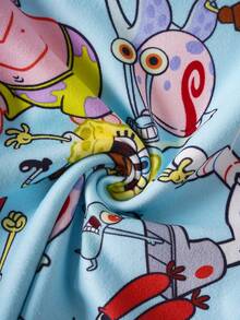 SpongeBob SquarePants | SHEIN 男嬰卡通印花上衣與短褲套裝 貼身居家休閒服 - 藍色 - 查看 7