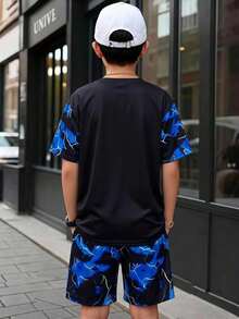 SHEIN 2件組兒童青少年男孩休閒舒適螢光圖案套頭短袖T恤直筒寬鬆短褲針織套裝，運動服，Y2K穿搭，適合春夏秋冬，外出、約會、旅行、度假、家庭聚會、運動 - 藍色 - 查看 2