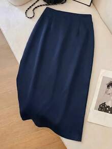 Feyla Women's Floral Embroidered Elegant Commuter Skirt - Navy Blue - View 2