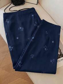 Feyla Women's Floral Embroidered Elegant Commuter Skirt - Navy Blue - View 5