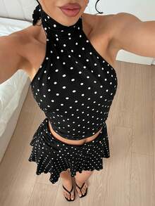 SHEIN EZwear 女款波點印花短版時尚掛脖繫帶背心上衣與抓皺迷你裙2件組 - 黑與白 - 查看 4