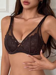 DAZY Mesh & Contrast Lace Lightweight Padded Sexy Bra - Coffee Brown - View 9