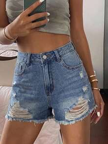 DAZY 女款高腰口袋磨損毛邊休閒牛仔短褲 夏季 - 藍色 - 查看 3