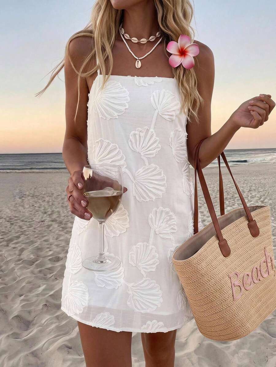 Sylviya 女款休閒度假夏季提花素色細肩帶沙灘洋裝