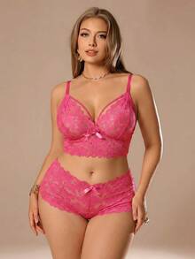Auralis Große Größen 2 Stücke Sexy Spitzen Dessous Set für Damen - Heißes Pink - Übersicht 6
