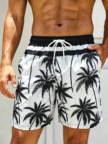 Surfspeed Pantalones cortos de playa con estampado de palmeras y cintura con cordón para hombre de talla grande - Blanco y Negro - Ver 6