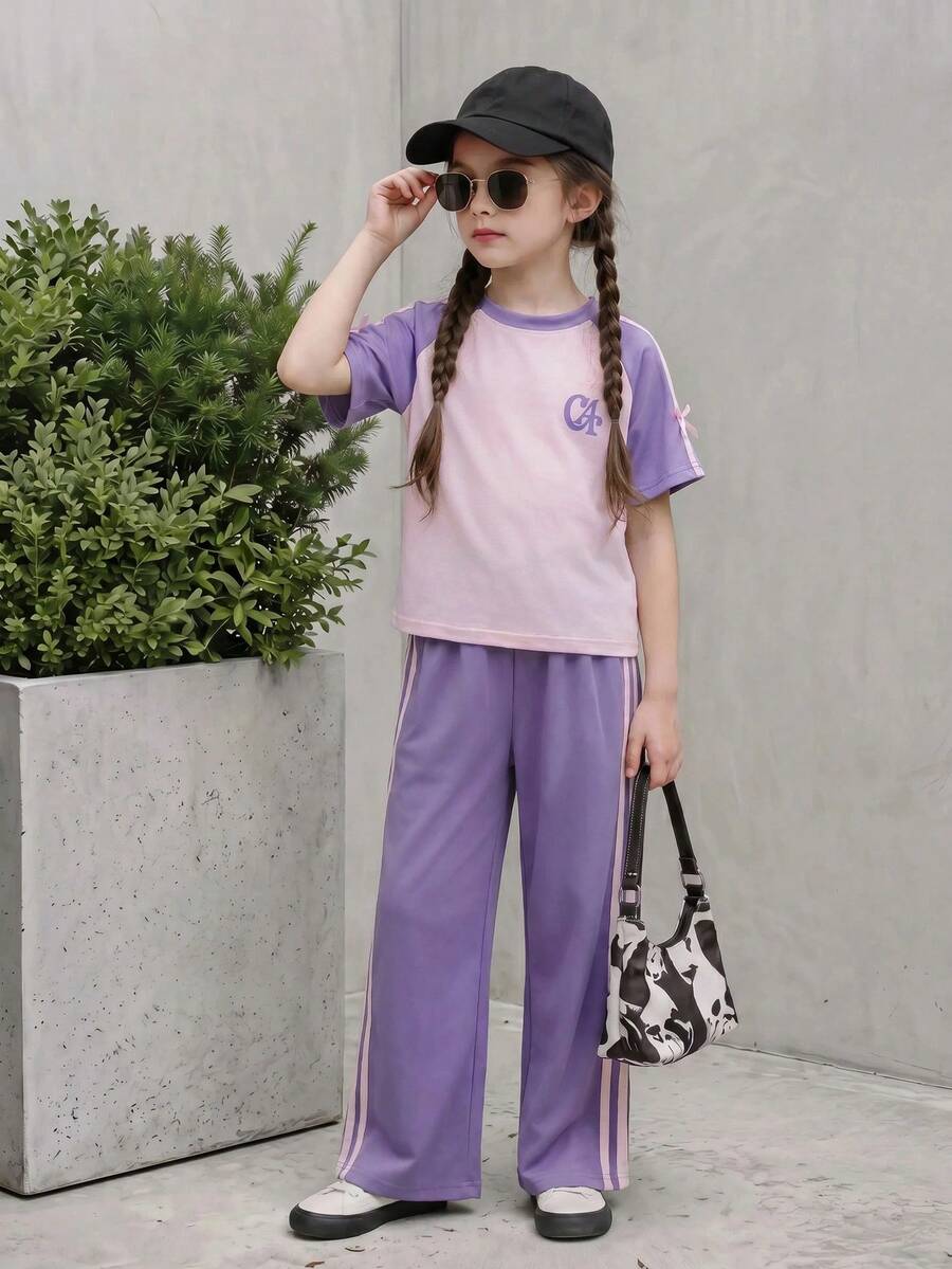 SHEIN Casuvi Kids 青少年女孩 T 恤套裝,運動風粉色與深綠色拼接短袖 T 恤與短褲套裝,夏季寬鬆貼身設計,輕量面料,適合日常外出、休閒運動或造型穿搭 - 紫色 - 查看 1