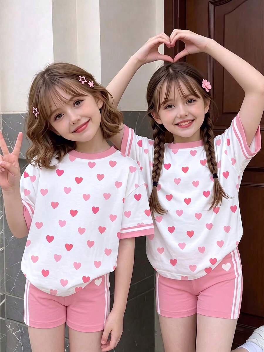 2件組 女童幼童夏季新款粉色愛心印花圓領柔軟面料短袖T恤彈性腰粉色印花短褲簡約百搭時尚套裝 - 彩色 - 查看 1