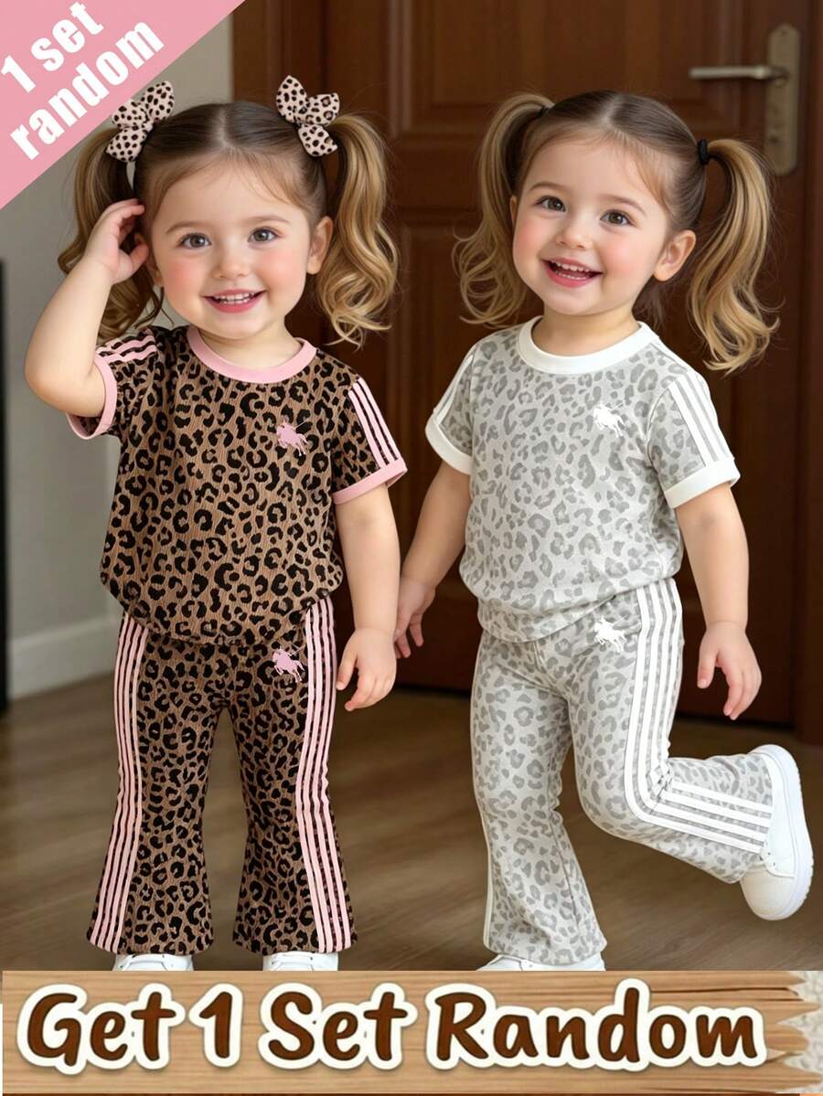(Random 2 Sets, Send 1 Set)Baby Girl Fashion Personalized Leopard Print Knight Horse Pattern Striped Print Basic Short T-Shirt & Flared Long Pants Set - Multicolor - View 1