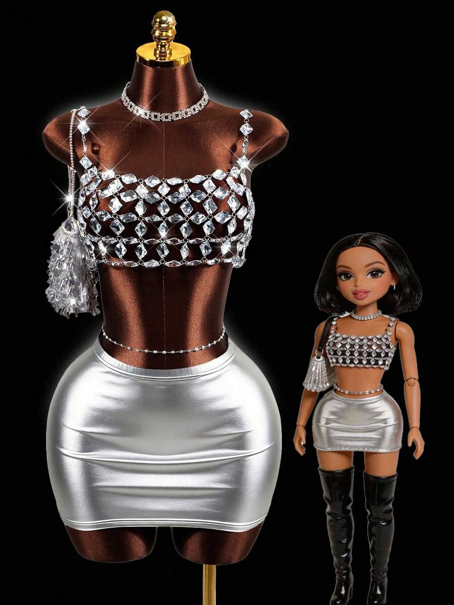 Mistrie Women's Rhinestone Sequin Camisole White Silver Sparkle Summer Techno Party Club Pool Rave Spaghetti Strap Bikini Tank Top Music Festival Y2K Sexy - Silver - View 1