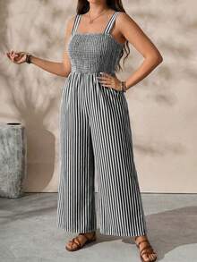 EMERY ROSE Plus Size Women's Striped Shirred Design Vacation Casual Jumpsuit - Black - View 4
