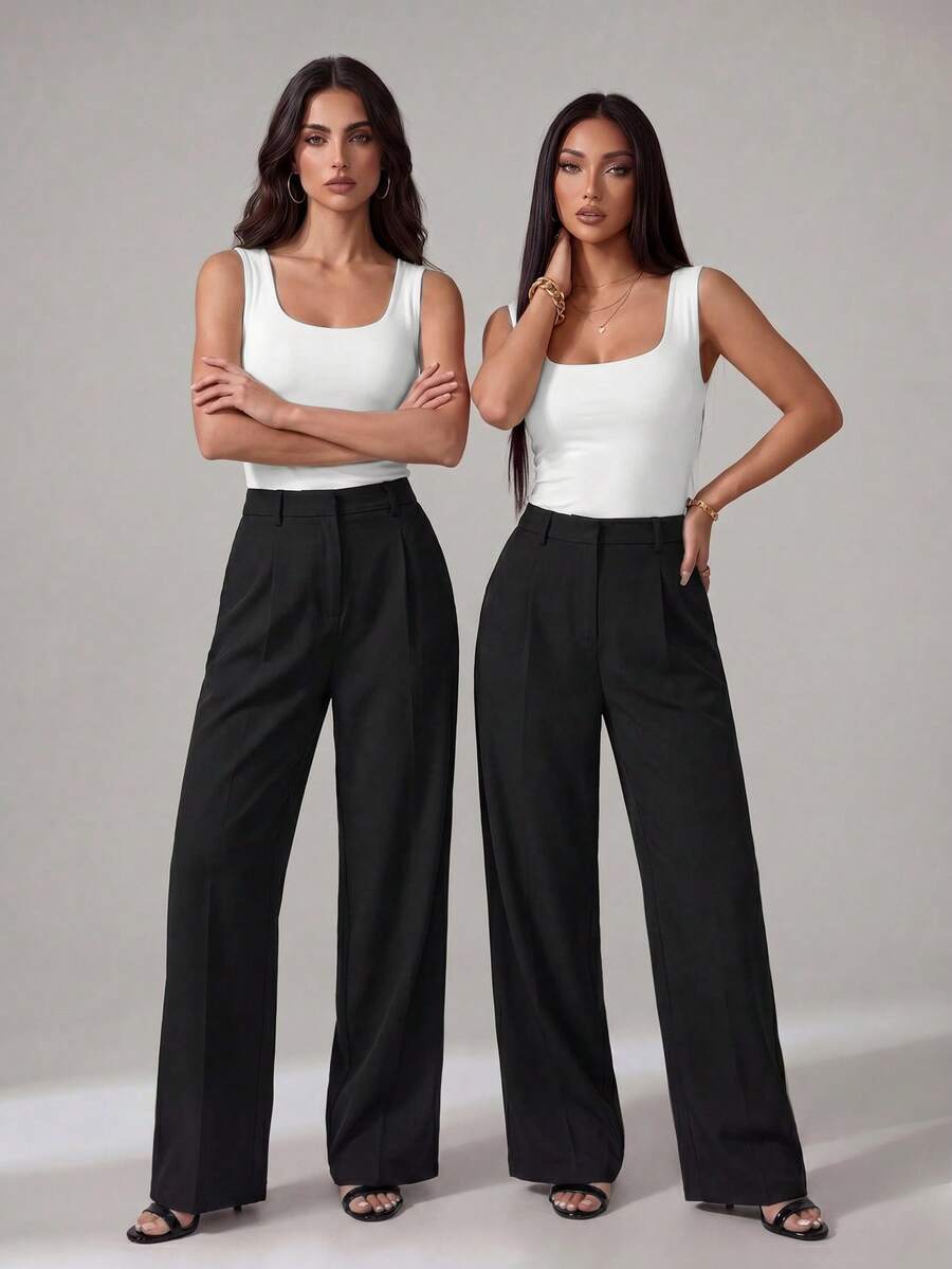 SHEIN Tall 休闲百搭纯色高腰阔腿裤，适合高个子穿着，秋冬季休闲高腰裤，黑色女士休闲裤，黑色阔腿正装裤，冬季，感恩节，黑色裤子，休闲，复古高贵商务通勤裤 - 黑色 - 查看 1