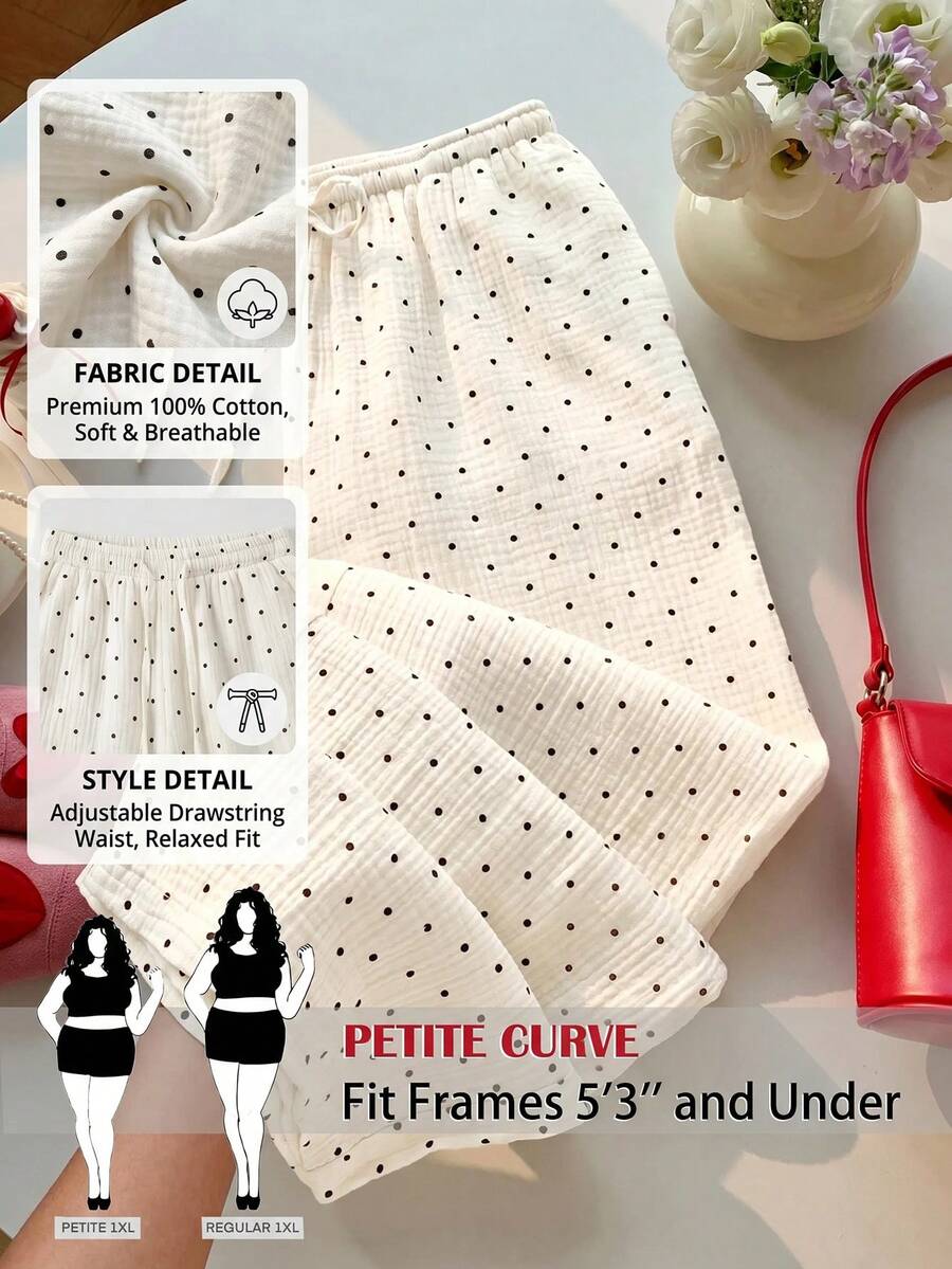 SHEIN PETITE CURVE Plus Size Women Polka Dot Print Loose Drawstring Pants Fall - Light Yellow - View 1