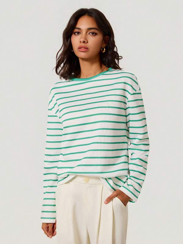SHEIN BASICS 女款休閒條紋運動衫，春秋款