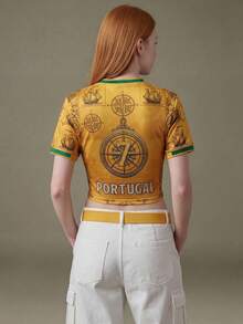 Elnivra 2026 Football World Cup Portugal Soccer Jersey Women's Cropped Green And Yellow Print T-Shirt Summer Streetwear Casual Retro Everyday Going Out - Yellow - View 2