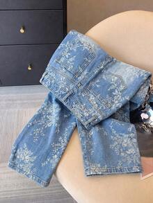 GlowEve Women's Floral Jacquard Fabric Jeans Date Daily Blue Floral Summer Romantic Vintage - Medium Wash - View 2