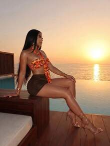 Slaydiva Ladies Two Pieces Set, Orange And Black Baroque Checkered One Shoulder Wrap-Around Sash Blouse Chocolate Brown Pleated Hot Pants, Summer Sexy Beach - Multicolor - View 5