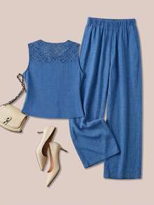 SHEIN LUNE CURVE Women's Plus Size Elegant Commute Casual Vacation Fashion Blue Lace Patchwork Button Sleeveless Top And Pants 2-Piece Set - Blue - View 2