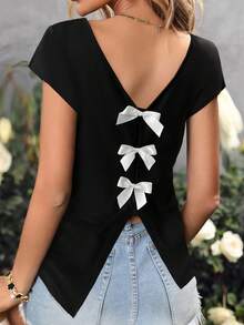 Zayélia Women's Vacation Casual Bow Decor Short Sleeve T-Shirt - Black - View 8
