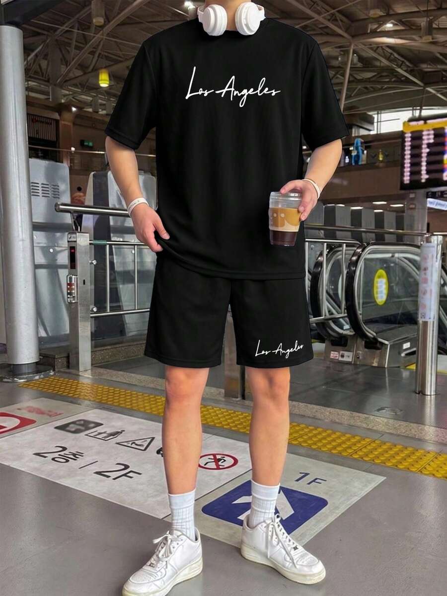 SHEIN 青少年男孩 2件組休閒街頭風大字母圖案 - 黑色 - 查看 1