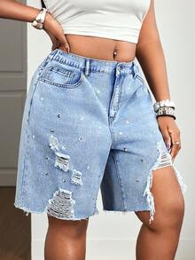 Slaydiva Plus Size Women's Rhinestone Embellished Distressed Pocket Raw Hem Denim Shorts - Blue - View 5