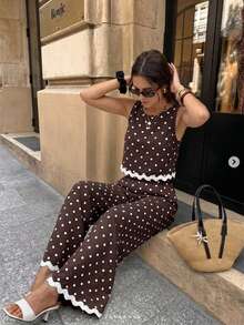 Serisse Women's Brown And White Polka Dot Contrast Color Top And Pants Casual Vintage Elegant Tropical Daily 2 Pieces Set Vacation Summer Brunch - Brown - View 7