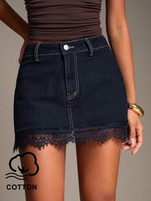 SHEIN BAE Rok Denim Wanita dengan Hiasan Renda di Bagian Bawah, Kancing, dan Resleting untuk Acara Kerja/Pesta - Dark Wash - View 1