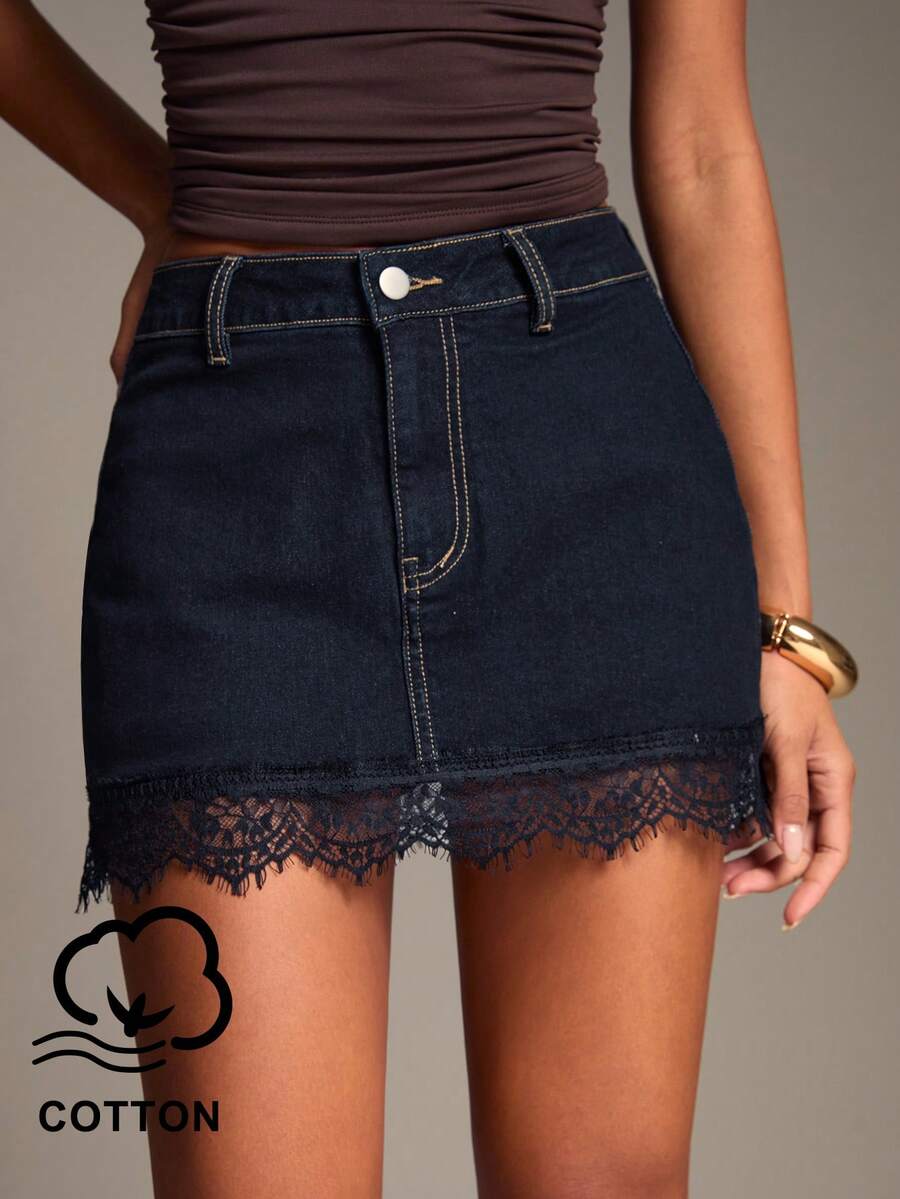 SHEIN BAE Rok Denim Wanita dengan Hiasan Renda di Bagian Bawah, Kancing, dan Resleting untuk Acara Kerja/Pesta - Dark Wash - View 1