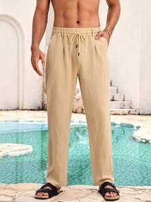 Mercer Haus Herren Leinen Lässig Hose mit Kordelzug Elastischer Taille, Bequeme lockere Passform Sommer Strand Urlaub Hose - Khaki - Übersicht 4
