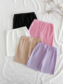 Vintaside Kids Young Girls 5pcs Set Summer Ribbed Multi-Color Simple Versatile Casual Base Shorts, Suitable For Leisure Time, Daily Wear, Outings - Multicolor - View 2