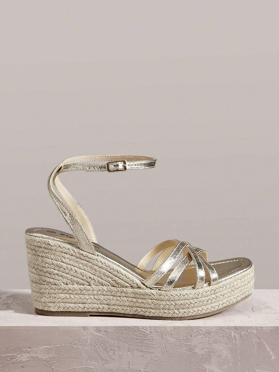 Styleloop Sandal Platform Hak Wedges Wanita, Sandal Kasual Pantai Ujung Persegi Kecil dengan Tali Rami Modis di Bagian Bawah, Cocok untuk Liburan Musim Panas - Emas - View 1