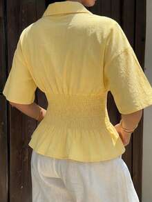 SHEIN EZwear Kemeja Lengan Pendek Kancing Depan Tenun Warna Kuning untuk Wanita, Atasan Musim Panas - Kuning - View 2