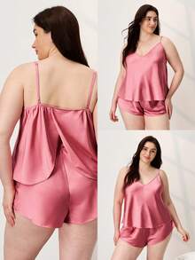 LUVLETTE Conjunto de Pijama Sexy de Cetim Plus Size para Mulheres, Regata e Shorts, Roupa de Dormir Sedosa com Decote em V, Roupa de Estar - Rosa chiclete - Visão 2